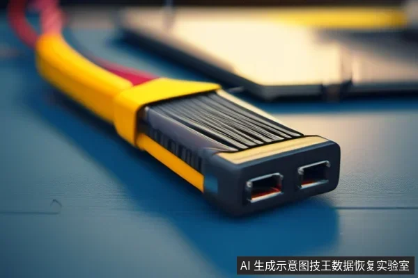 带有黄色和红色线缆的黑色双接口连接器特写，背景模糊可见类似硬盘的设备。