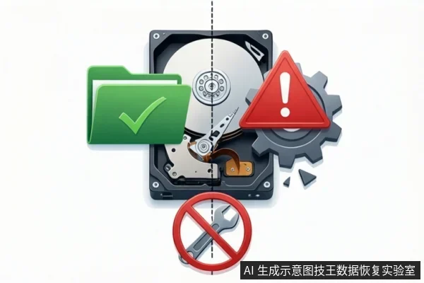 机械硬盘主体居中,左侧有绿色文件夹和勾选图标,右侧有红色警告三角和齿轮,下方有禁止扳手图标。