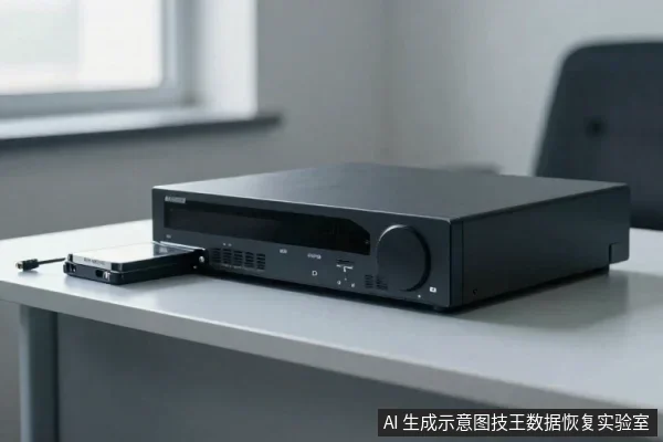 桌面上放置着一台黑色影音功放设备，左侧有一块带连接线的移动硬盘，背景为窗户和办公椅。