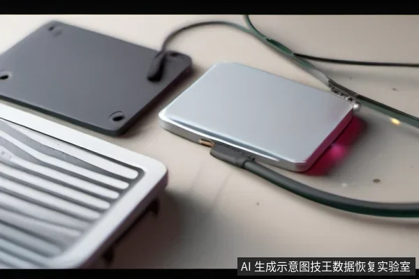 桌面上一台银色外置存储设备侧面插入线缆,旁边放着带螺丝孔的黑色硬盘盒底壳和白色格栅外壳,呈现存储设备连接与检测场景。