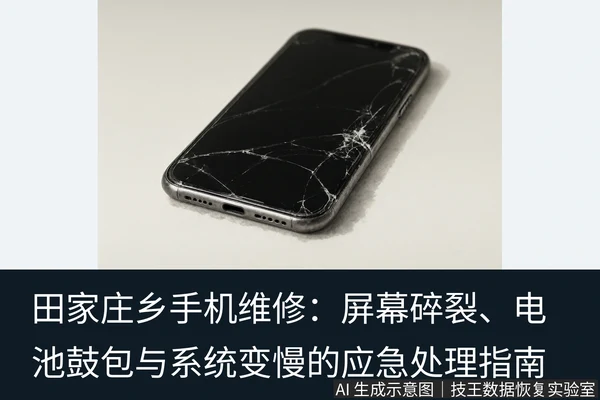 文章内容场景示意图：田家庄乡手机维修：屏幕碎裂、电池鼓包与系统变慢的应急处理指南