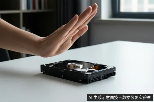 白色桌面上放置一块打开的机械硬盘，一只手掌悬停在硬盘上方，做出停止或拒绝的手势。