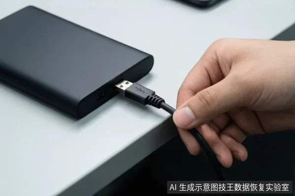 一只手正将USB数据线插入黑色移动硬盘的接口,设备放置在白色桌面上。