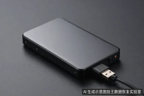 黑色长方形外置硬盘平放在深色桌面上,侧面接口插着一根USB数据线。