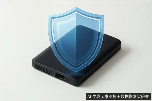 黑色移动硬盘平放于浅色背景上,上方悬浮蓝色盾牌图标,侧面可见散热孔与接口。
