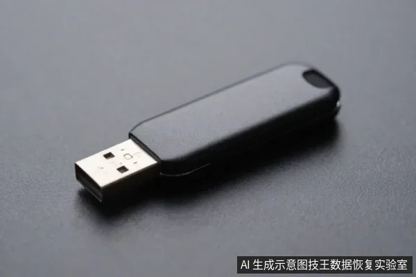 黑色U盘平放在深色桌面上，USB金属插头朝左，外壳无标识，画面简洁。