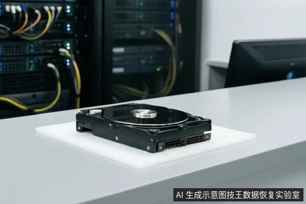 白色防静电垫上放置一块打开顶盖的机械硬盘,背景为模糊的服务器机柜与线缆。