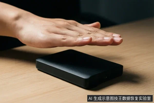 木桌上放着一块黑色矩形存储设备,一只手平放在设备上方,手掌朝下,未接触设备。