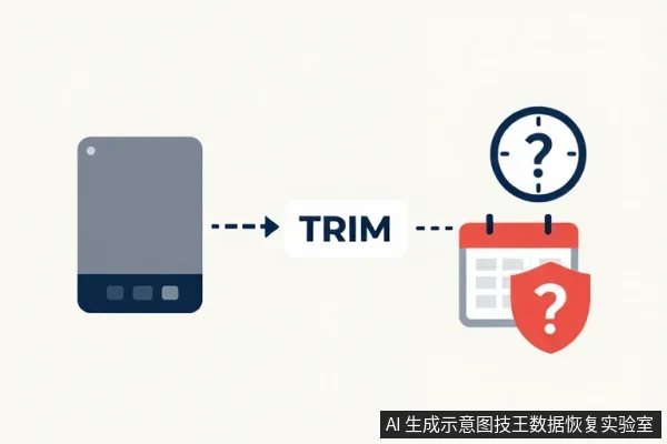 灰色存储设备图标经虚线箭头指向TRIM标签，再指向带问号的时钟与日历盾牌图标
