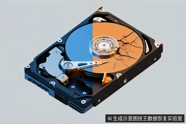 An open mechanical hard drive with a cracked platter and visible actuator arm.