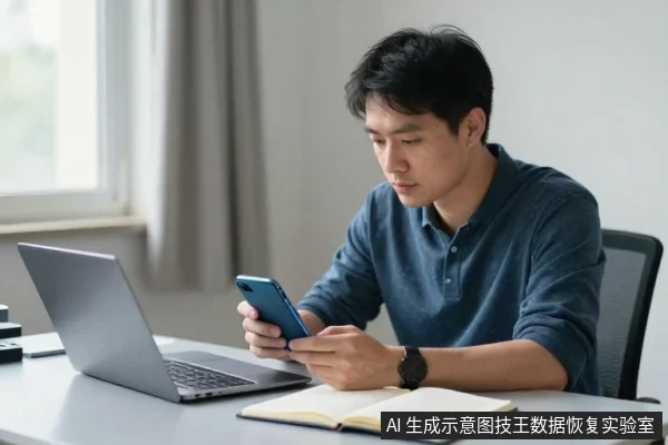 一名亚洲成年男子坐在办公桌前,左手拿着蓝色手机查看,桌上放着打开的笔记本电脑和笔记本。