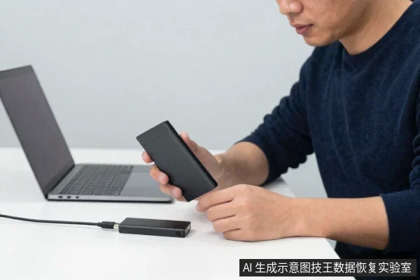 一名亚洲男子坐在桌前,手持黑色移动硬盘,桌上笔记本电脑旁连着一块黑色移动硬盘