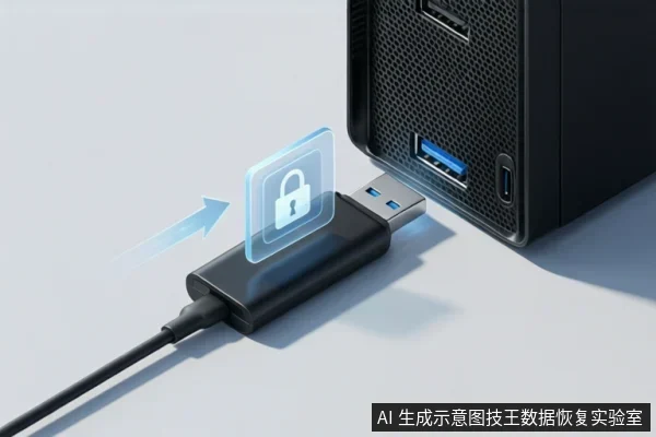 画面展示一个USB-A接口插入黑色设备,旁边有蓝色USB 3.0接口和锁形图标,示意连接安全。