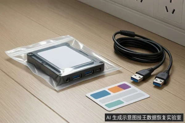 木桌上防静电袋内放着一个带USB接口的黑色外置存储盒,旁边盘绕着一根USB数据线,并有一张彩色色卡。