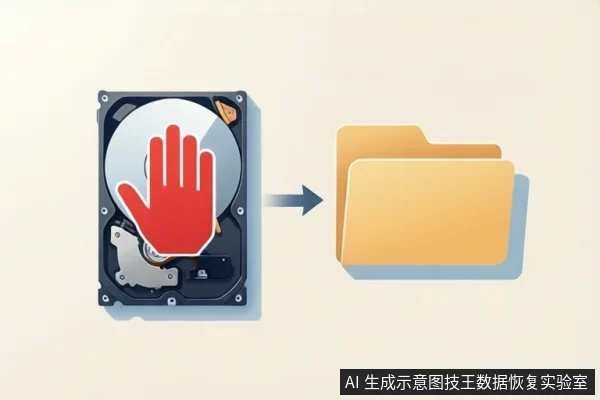 画面左侧为一块机械硬盘，盘片上覆盖红色手掌停止图标；中间有向右箭头；右侧为两个黄色文件夹图标。