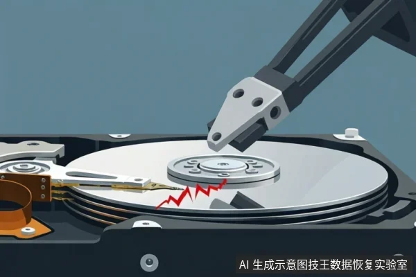 机械硬盘内部示意图，盘片表面出现红色裂纹，磁头臂指向盘片，上方有夹持工具靠近。