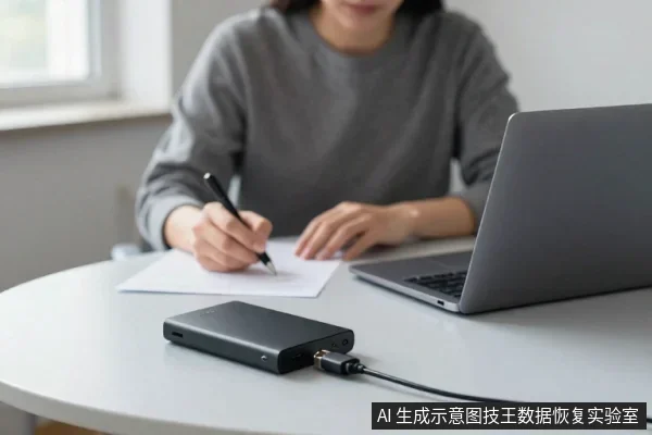 一名亚洲成年人坐在桌前,手持笔在纸上书写,桌上放着一台笔记本电脑和一块黑色移动硬盘,硬盘通过线缆连接。