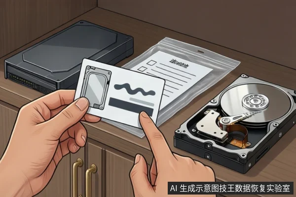 一双手持一张带硬盘图标和波形图的卡片,另一手指向卡片,木柜桌面上放着黑色外置设备、装表格纸的塑料袋和一只开盖机械硬盘。