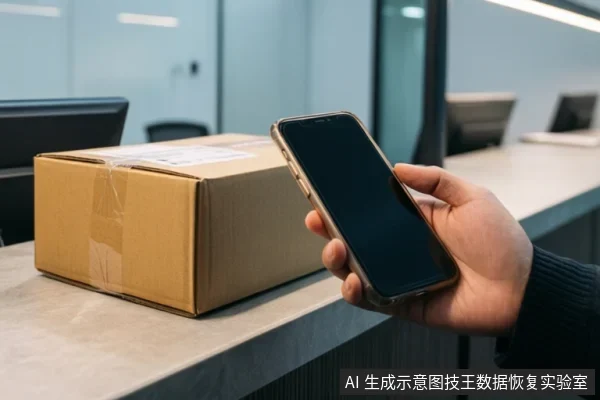 一只手握着黑屏智能手机，旁边桌面上放着一个贴有标签的棕色快递纸箱，背景为办公环境。