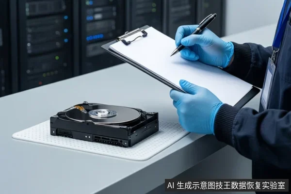 戴蓝色手套的人员在机房桌前用笔记录，桌上放置一块打开的机械硬盘。