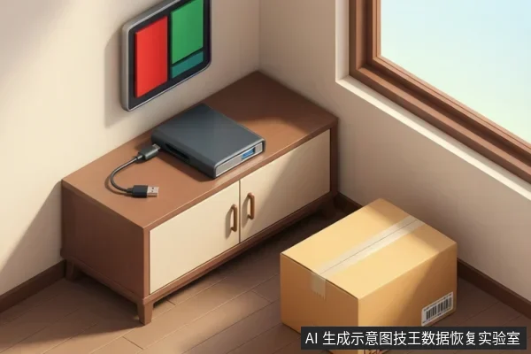 房间柜子上放着一台灰色移动硬盘,连着一根未接的USB线,旁边地上有一个快递纸箱,墙上挂着显示红绿色块的屏幕。
