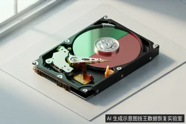 一张机械硬盘的内部结构示意图,展示了盘片、磁头臂和主轴电机等组件,放置在白色平面上。