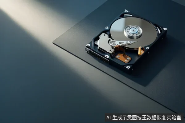 An open 3.5-inch hard disk drive with a visible platter and actuator arm on a dark surface.