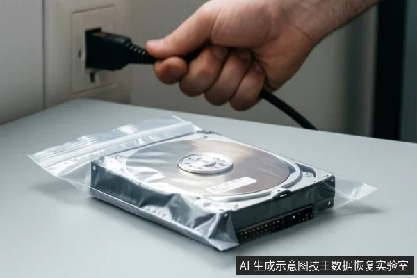 一只手握着电源线插头靠近墙壁插座，桌面上一个机械硬盘放在透明防静电袋中。