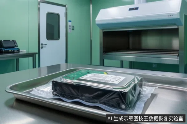 金属托盘上放一块套着透明防静电袋的机械硬盘，背景为带观察窗的洁净室门和层流工作台，左侧桌上有检测仪器