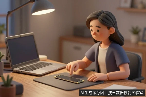 一位女性坐在书桌前,面前放着笔记本电脑,她正用手指向桌面上的一块M.2固态硬盘。