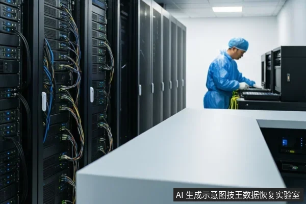 洁净室环境中,一名身穿蓝色防静电服的技术人员正在操作服务器机柜,前景为成排的黑色服务器机架和线缆。