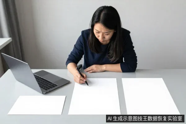 一名亚洲女性坐在浅灰色桌前,右手持笔在白色纸张上书写,左侧放着一台打开的笔记本电脑,桌面另有两张空白纸张。