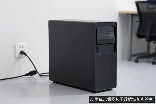 黑色NAS设备置于浅色地面,电源线连接墙面插座,背景可见办公桌椅。