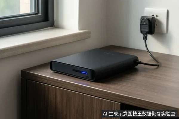 木桌上放着一个黑色外接硬盘,前面蓝色指示灯亮起,右侧电源线插头插在墙上插座。