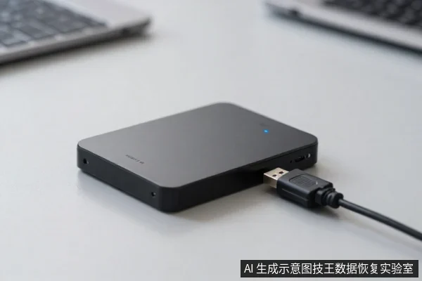 黑色方形移动硬盘平放在浅色桌面上,侧面USB接口插着数据线,旁边可见笔记本电脑键盘。