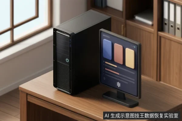 木桌上放着一台黑色台式电脑主机，旁边是一台显示器，屏幕上显示三个彩色方块和几条抽象线条，背景为窗户与文件柜。