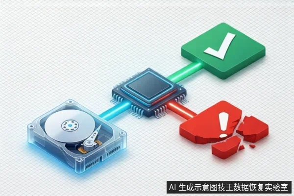 等距视角示意图:左侧机械硬盘经蓝色连线接入中央芯片,芯片再分出绿色连线至带对勾的绿色方块,以及红色连线至碎裂的红色警告标志。