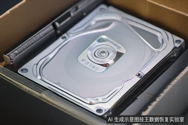 一个封闭的机械硬盘平放在打开的纸箱内,金属顶盖、中心主轴与四角螺丝孔清晰可见,呈现送检或包装保管的状态。