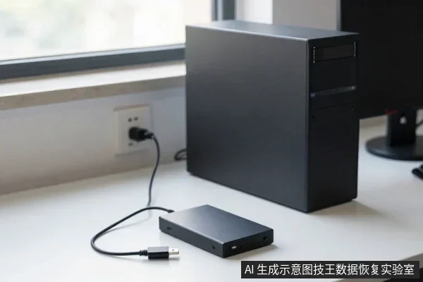 桌面上放置一台黑色台式主机和一块黑色外置硬盘,硬盘通过USB线连接,背景有窗户和电源插座。