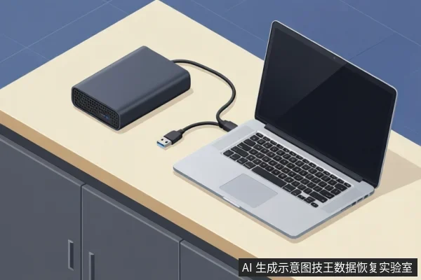桌面上一个外置硬盘通过USB线连接着笔记本电脑，硬盘指示灯亮起。