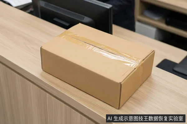 浅色木质桌面上放着一个用透明胶带封口的棕色纸箱,背景可见显示器背面和办公柜。