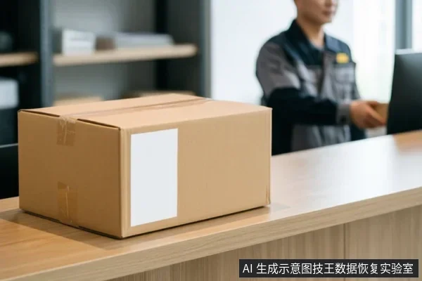 木质柜台上放着一个贴有空白标签的棕色纸箱，背景中一名穿工作服的成年人站在电脑旁。