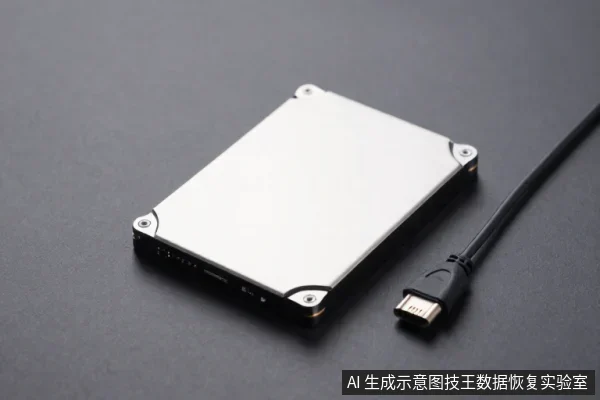 银色金属外壳硬盘平放于深色桌面,右侧连着一根黑色USB线,线端为USB插头。