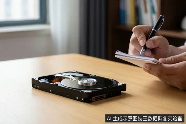 木桌上放着一块打开顶盖的机械硬盘，可见盘片、主轴和磁头臂；右侧有人手持笔在便签上记录。
