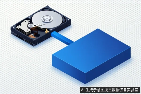 An open hard disk drive connected by a blue cable to a blue rectangular box on a grid background.