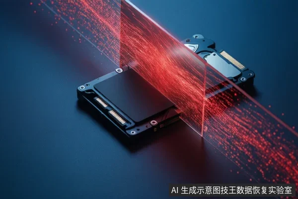 画面中展示了两块固态硬盘，一块平放，一块倾斜，背景为深蓝色，有红色数据流穿过硬盘，象征数据流动或恢复过程。