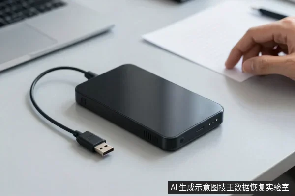 白色桌面上放着一个黑色外置硬盘盒,通过USB线连接,旁边有笔记本电脑和一只手按着纸张。