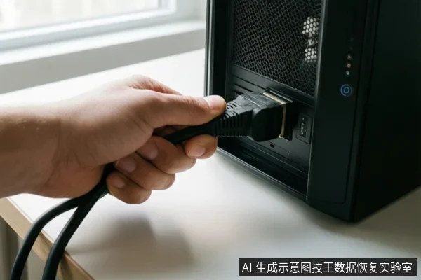 一只手握着黑色电源线插头，正将其插入台式电脑主机背面的电源接口，主机放置在浅色桌面上。