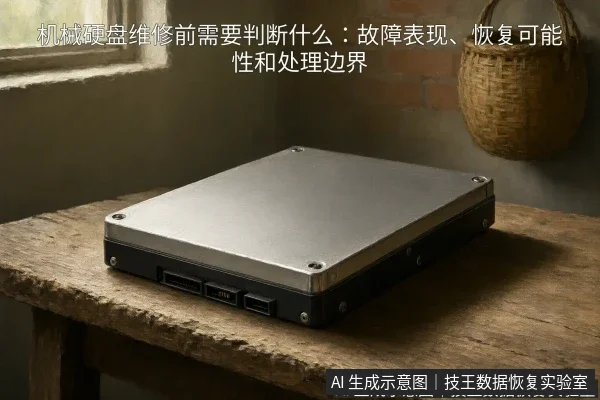 文章内容场景示意图:机械硬盘维修前需要判断什么:故障表现、恢复可能性和处理边界