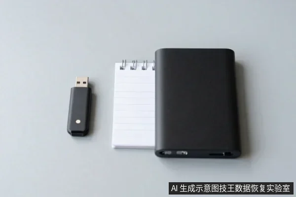 灰色桌面上并排摆放着一个黑色U盘、一本白色螺旋线圈笔记本和一个黑色移动硬盘。
